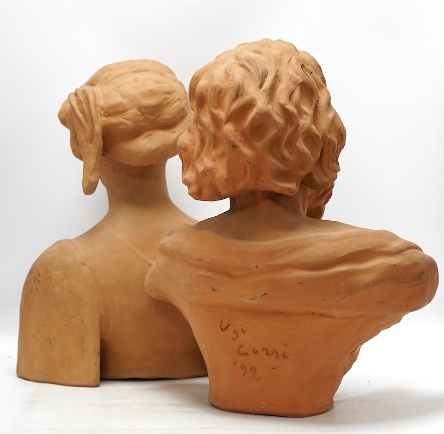 Two terracotta busts of an elderly gentleman and a woman, the former signed Ugo Corsi, 46cm high. Condition - good